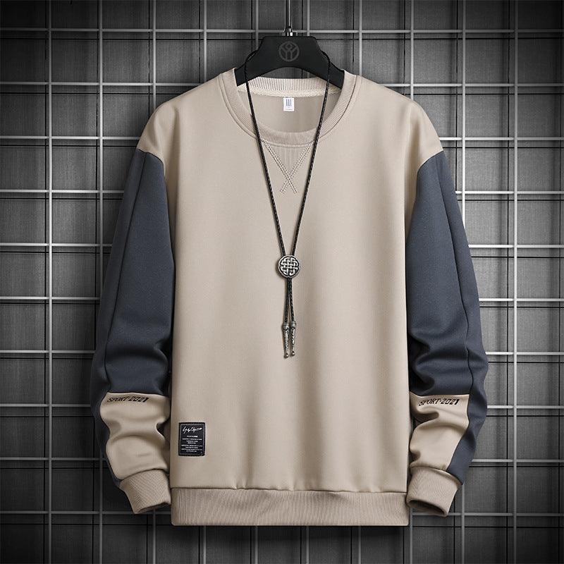 Color-block pullover sweatshirt with crew neck and long sleeves, beige and dark blue