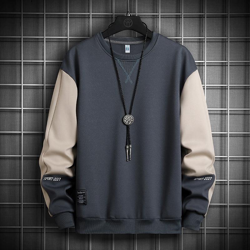 Color-block pullover sweatshirt with crew neck and long sleeves, dark blue and cream