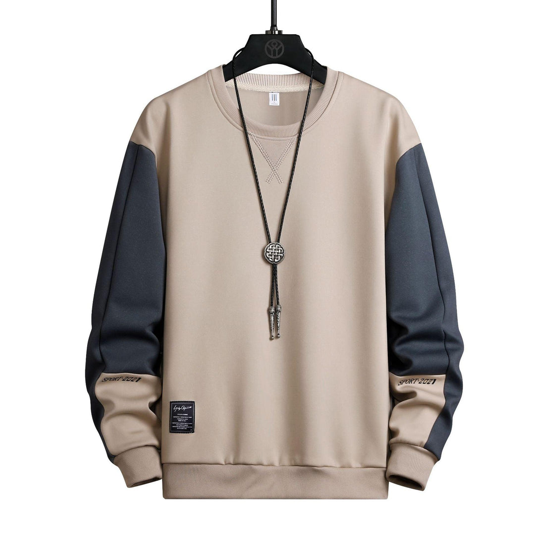Color-block pullover sweatshirt with crew neck and long sleeves, beige and dark blue
