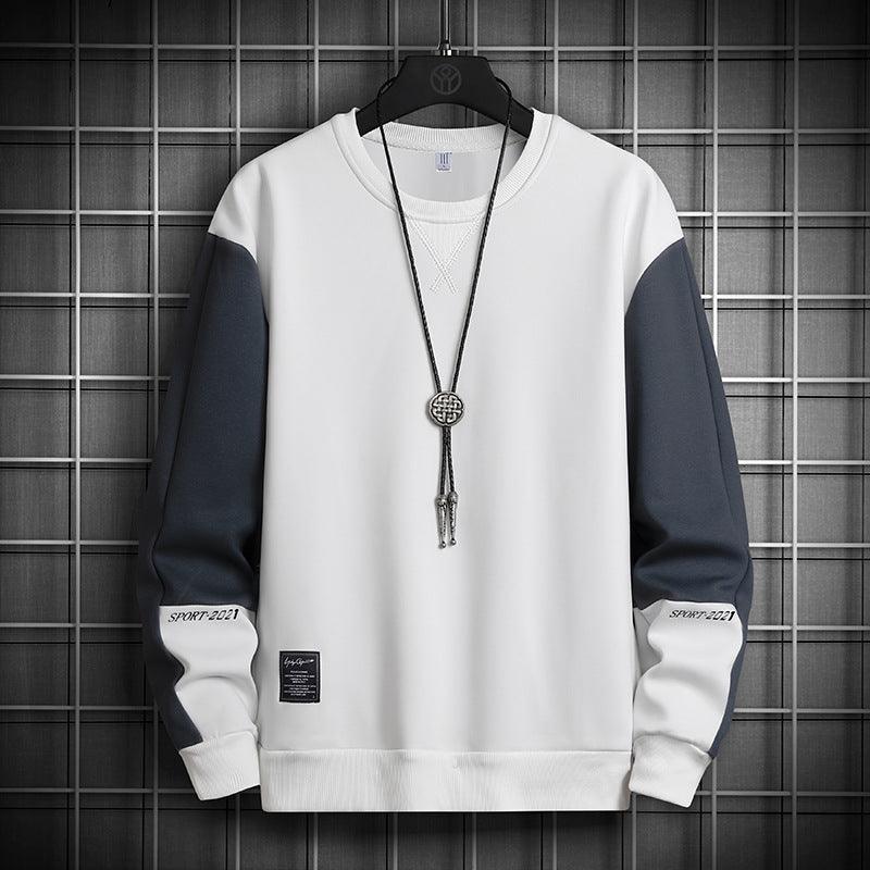 Pullover sweatshirt with crew neck, long sleeves, white with dark blue sleeves