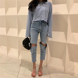 Blue Irregular Ripped Jeans - WOMONA.COM