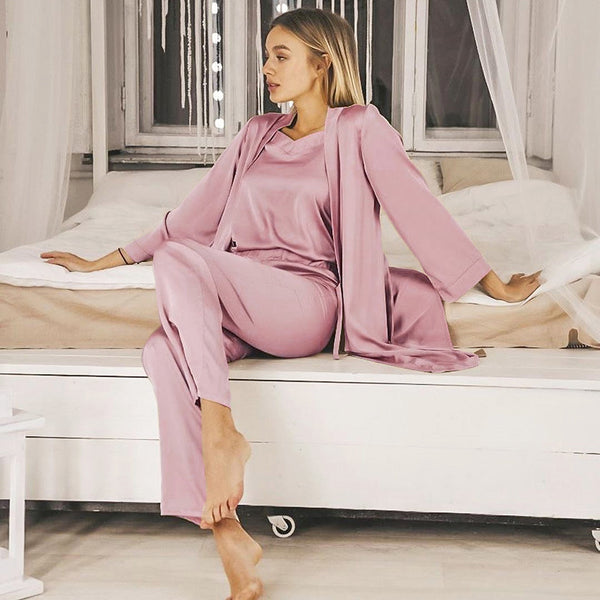 Satin Pink Simple Pajamas Suit - WOMONA.COM