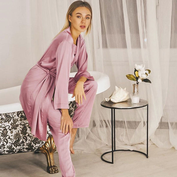 Satin Pink Simple Pajamas Suit - WOMONA.COM