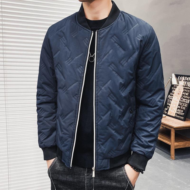 Men's navy zip-up bomber jacket with stand collar and ribbed cuffs