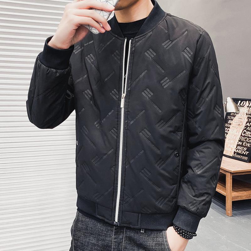 Men's black zip-up bomber jacket with stand collar, ribbed cuffs, and diagonal quilting