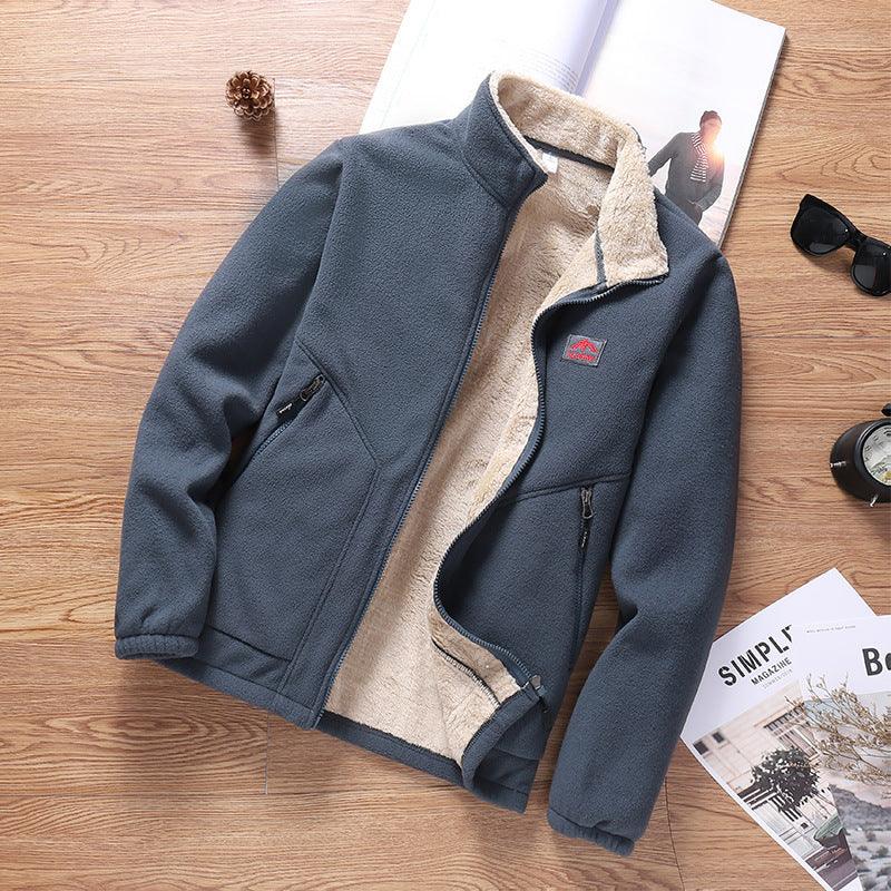 Gray fleece zip cardigan jacket with tan sherpa lining, stand collar, and side pockets