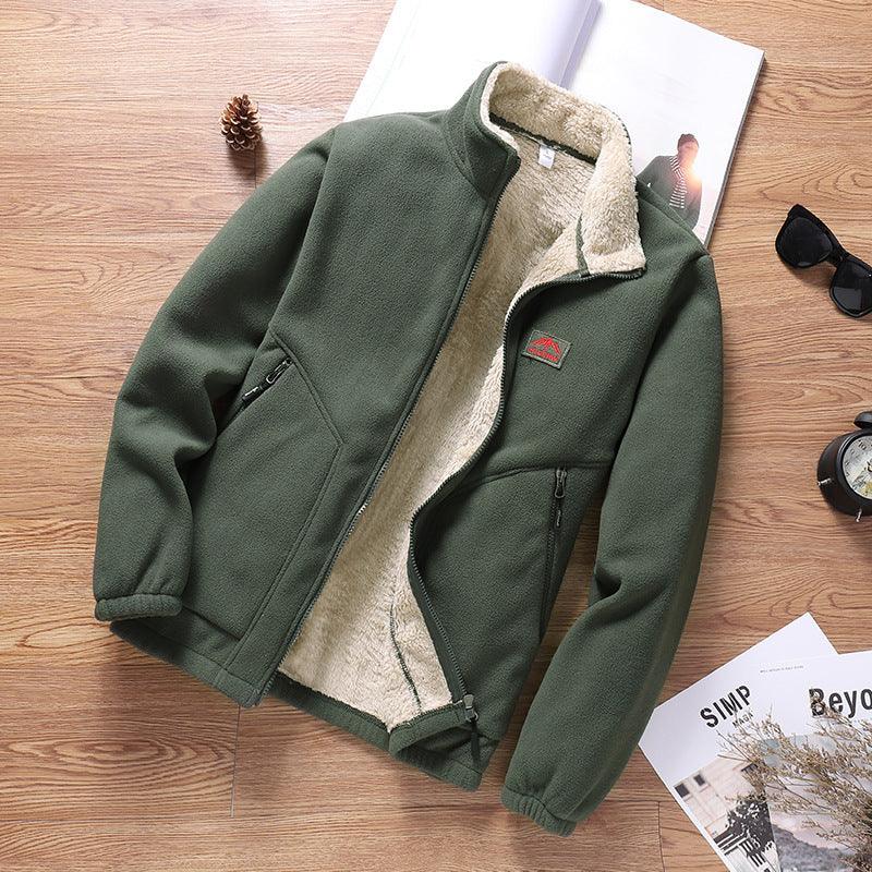 Army green fleece zip cardigan jacket with tan sherpa-lined stand collar and two front pockets