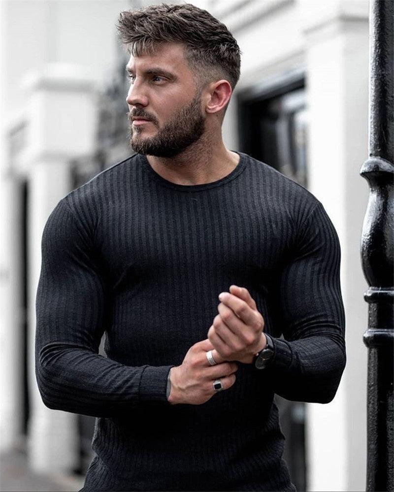 Black long-sleeve ribbed t-shirt with crew neck and fitted slim design
