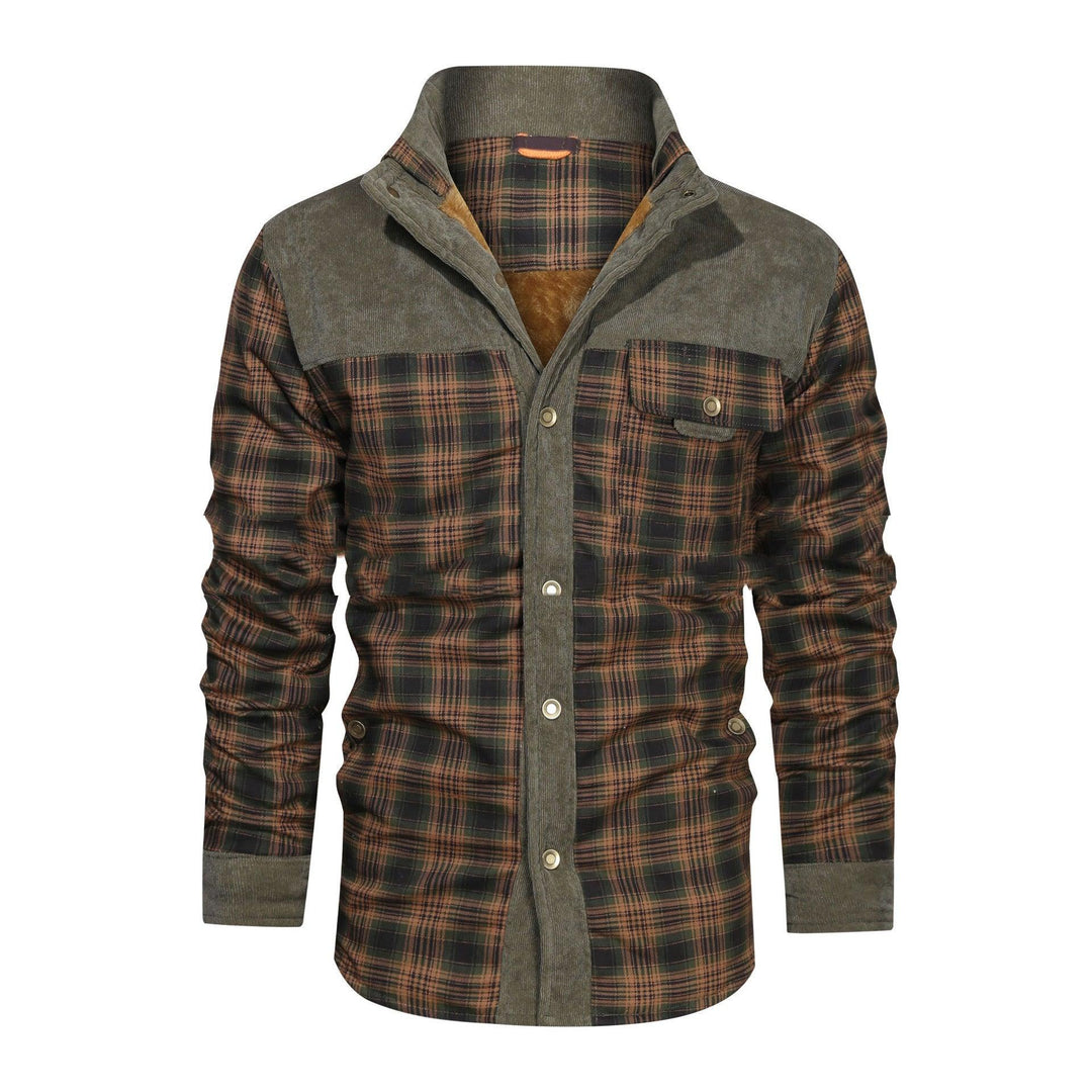 Plus-size velvet plaid shirt, dark olive with brown plaid, snap-front, chest pockets.