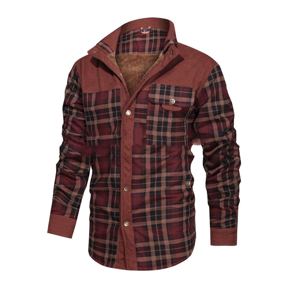 Plus-size velvet plaid shirt, maroon with red plaid, snap-front, chest pockets.
