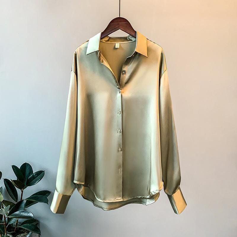 Women's Long-sleeved Satin Shirt - WOMONA.COM