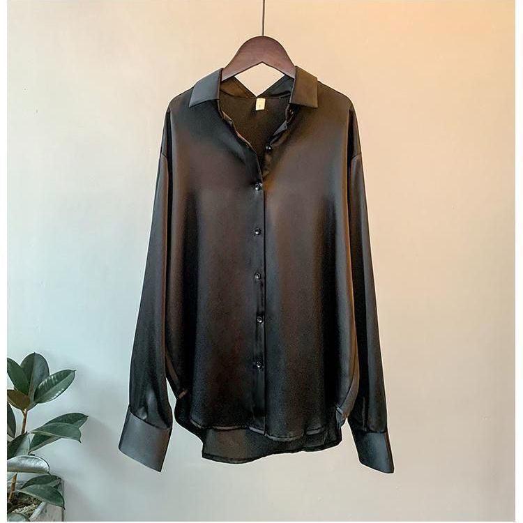 Women's Long-sleeved Satin Shirt - WOMONA.COM