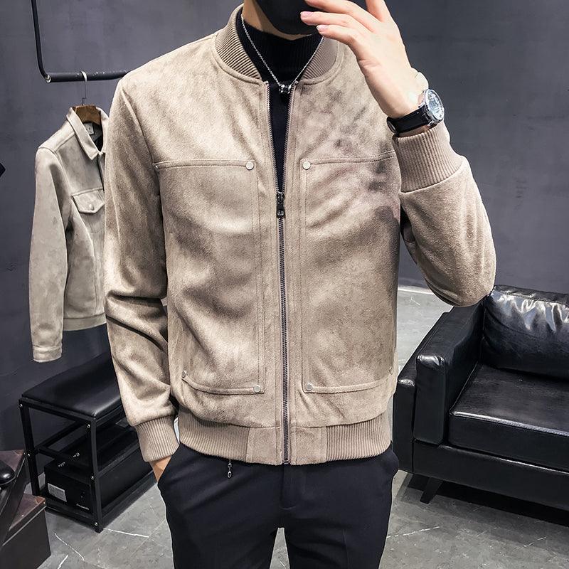 Men's beige suede short jacket with stand collar, front zipper, and two button pockets