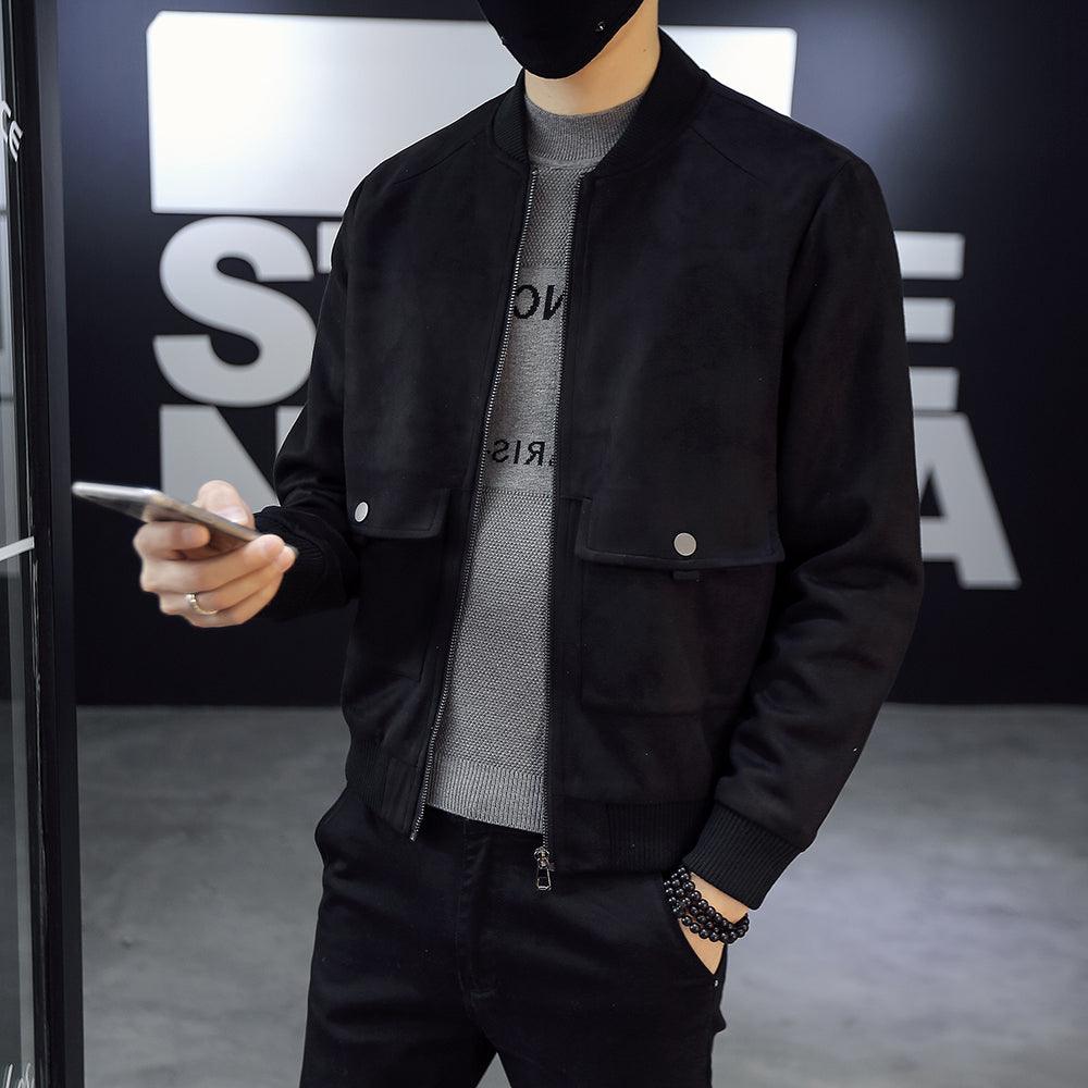 Men's black suede short jacket with stand collar, front zipper, and two chest pockets