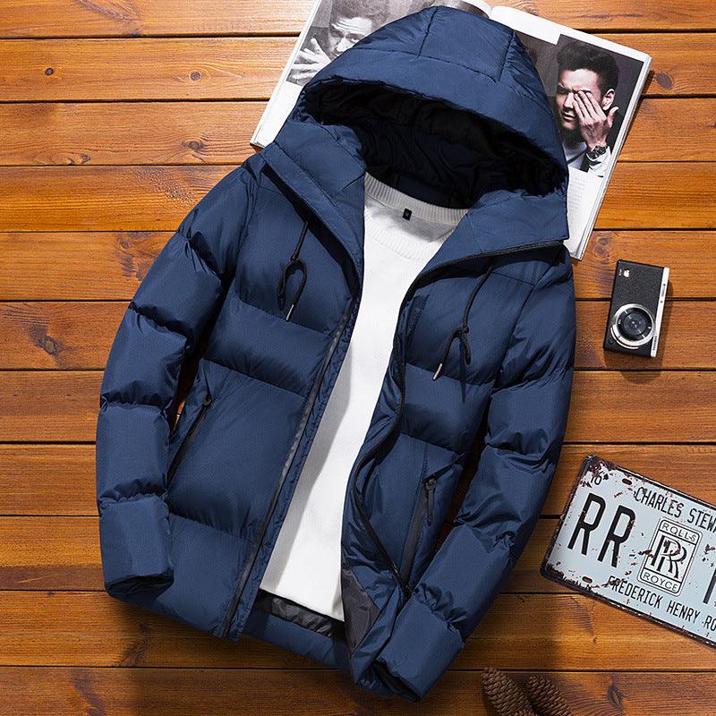 Dark blue padded hooded men’s jacket with full zip and quilted puffer panels
