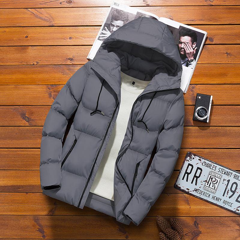 Dark grey padded hooded men’s jacket with full zip and quilted puffer panels