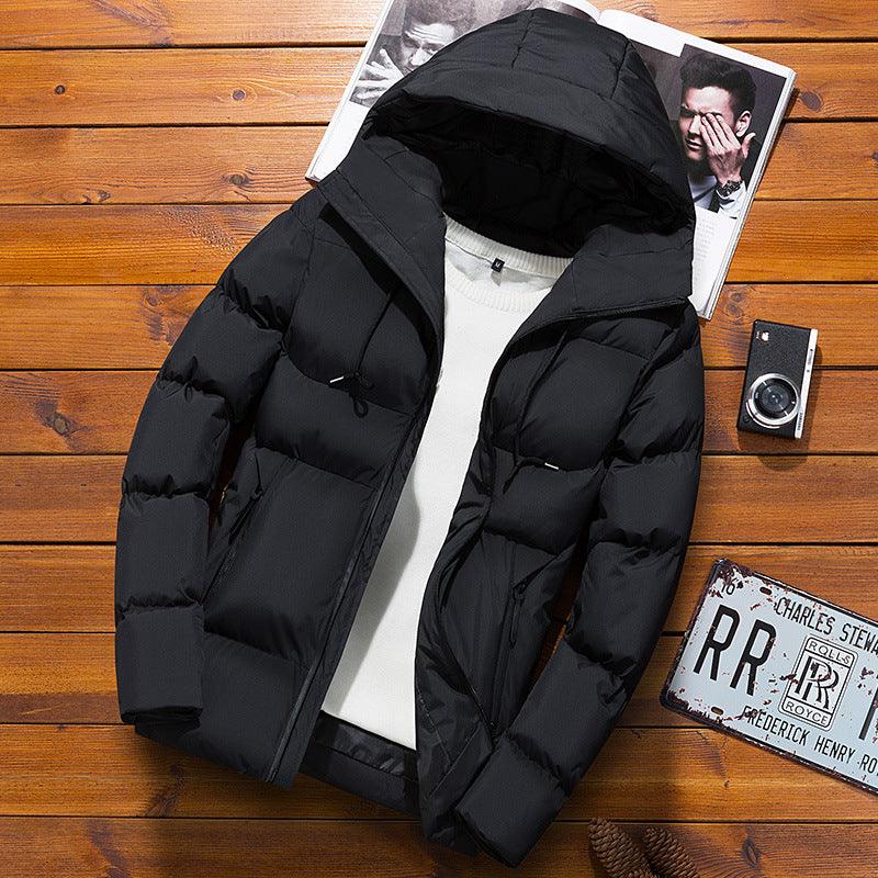 Black padded hooded men’s jacket with full zip and quilted puffer panels