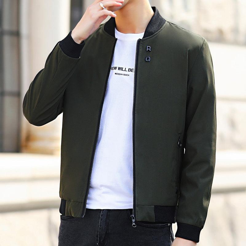 Men's olive stand-up collar bomber jacket with full zip and ribbed cuffs