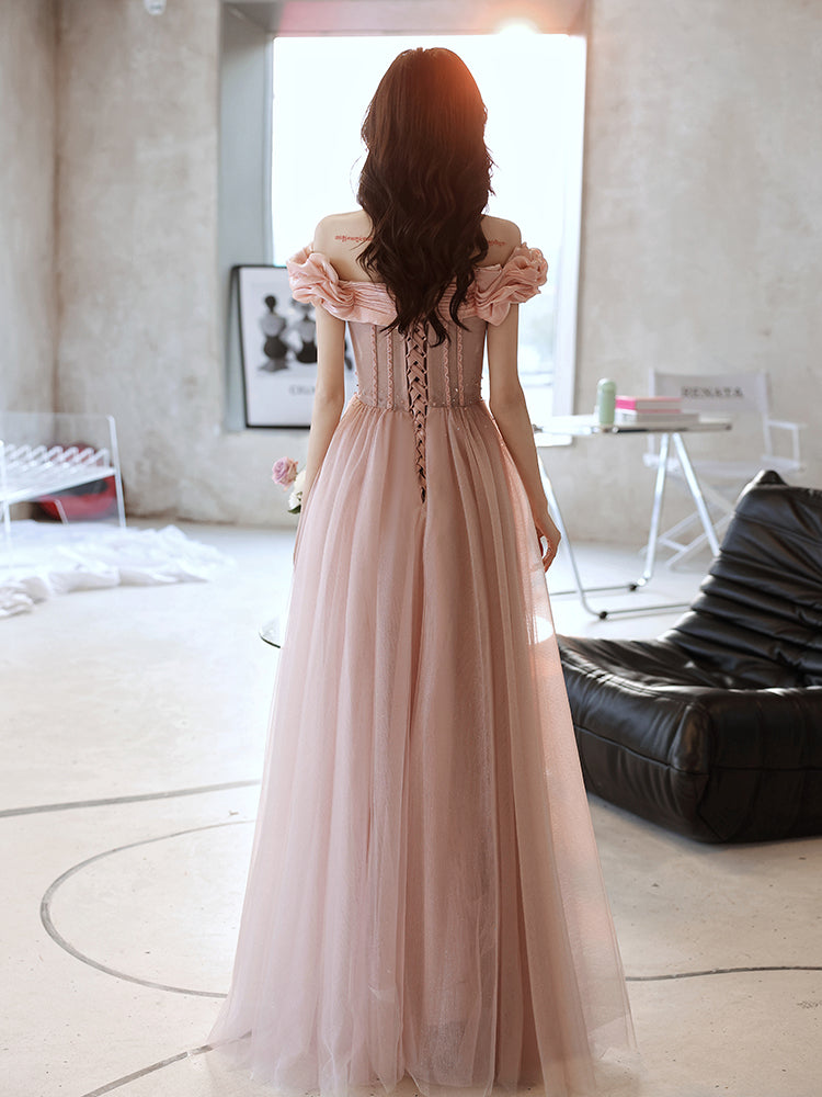 One Shoulder Evening Dress Pink Noble Dress - WOMONA.COM