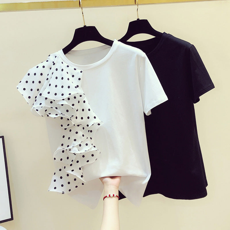 Polka Dot Ruffle Stitching T-shirt Women - WOMONA.COM