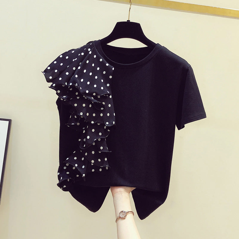 Polka Dot Ruffle Stitching T-shirt Women - WOMONA.COM