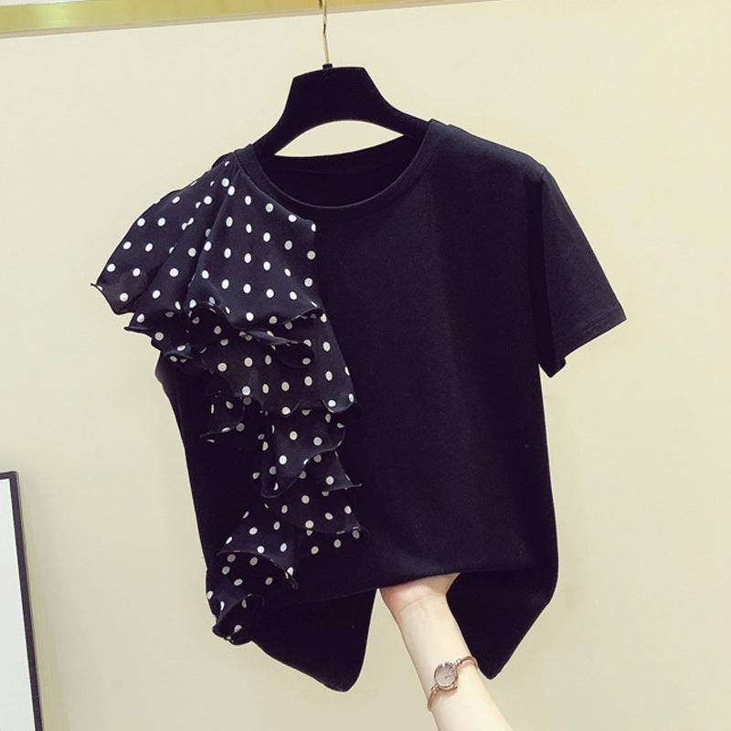 Polka Dot Ruffle Stitching T-shirt Women - WOMONA.COM