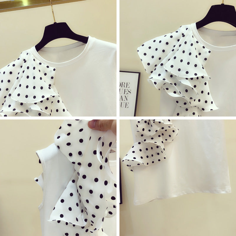 Polka Dot Ruffle Stitching T-shirt Women - WOMONA.COM