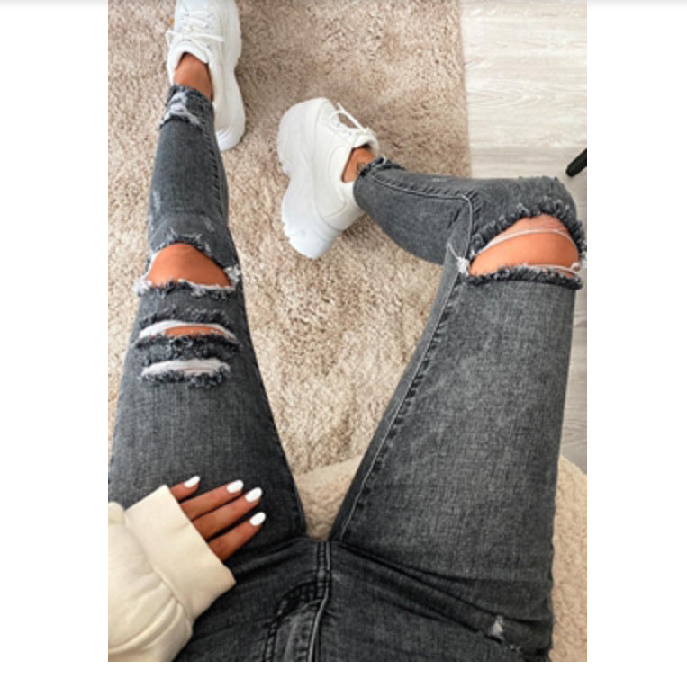 Stretch Feet Ripped Jeans Women - WOMONA.COM