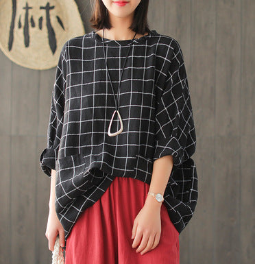 Linen Plaid T-shirt Women Loose Large Size - WOMONA.COM