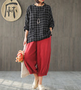 Linen Plaid T-shirt Women Loose Large Size - WOMONA.COM