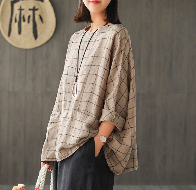 Linen Plaid T-shirt Women Loose Large Size - WOMONA.COM