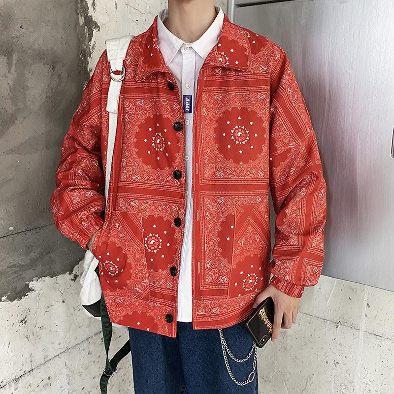 Men's thin jacket in red with bandana-style print and button-up front.