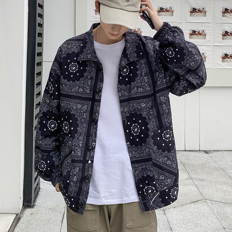 Men's thin jacket with dark navy button-up front and all-over bandana print.