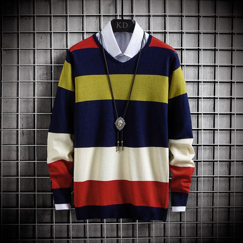Men’s V-neck striped pullover sweater in navy with yellow, red, and cream color blocks.
