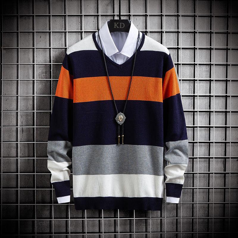 Men’s V-neck striped pullover sweater in navy, orange, gray, and white color blocks.