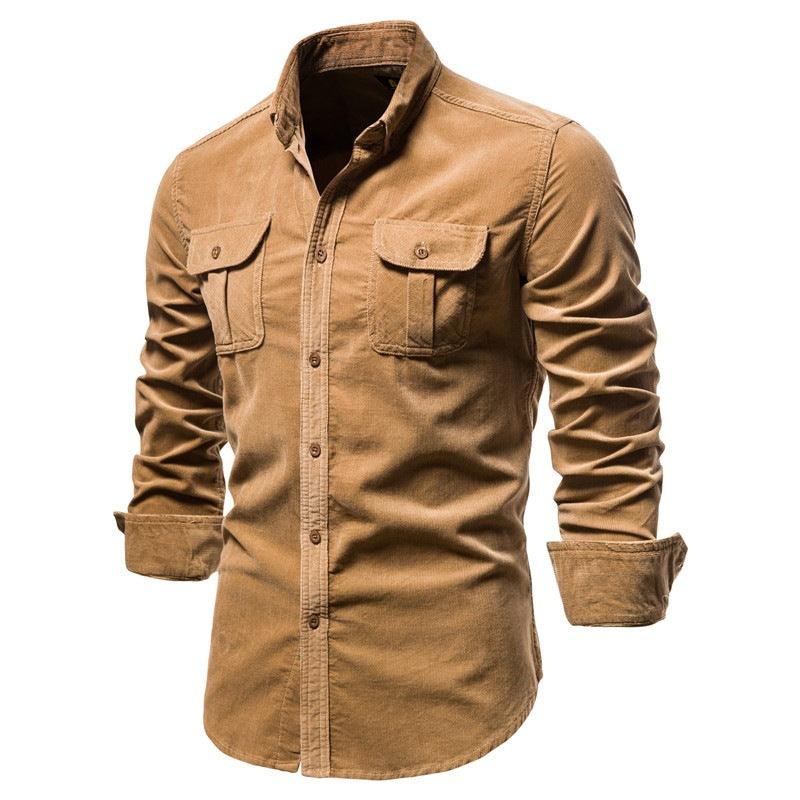 Men's tan long-sleeve button-up shirt with two chest flap pockets, front view