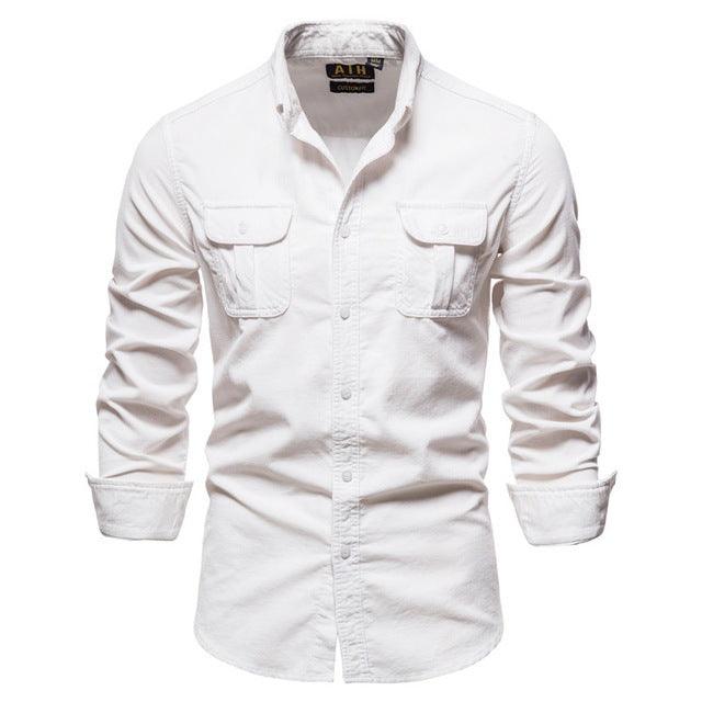 Men's white long-sleeve button-up shirt with two chest flap pockets, front view