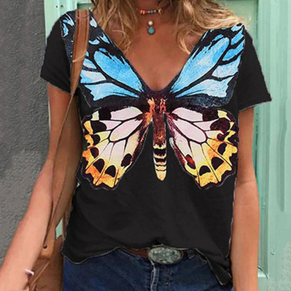 Butterfly Print Short Sleeve V-Neck T-Shirt - WOMONA.COM