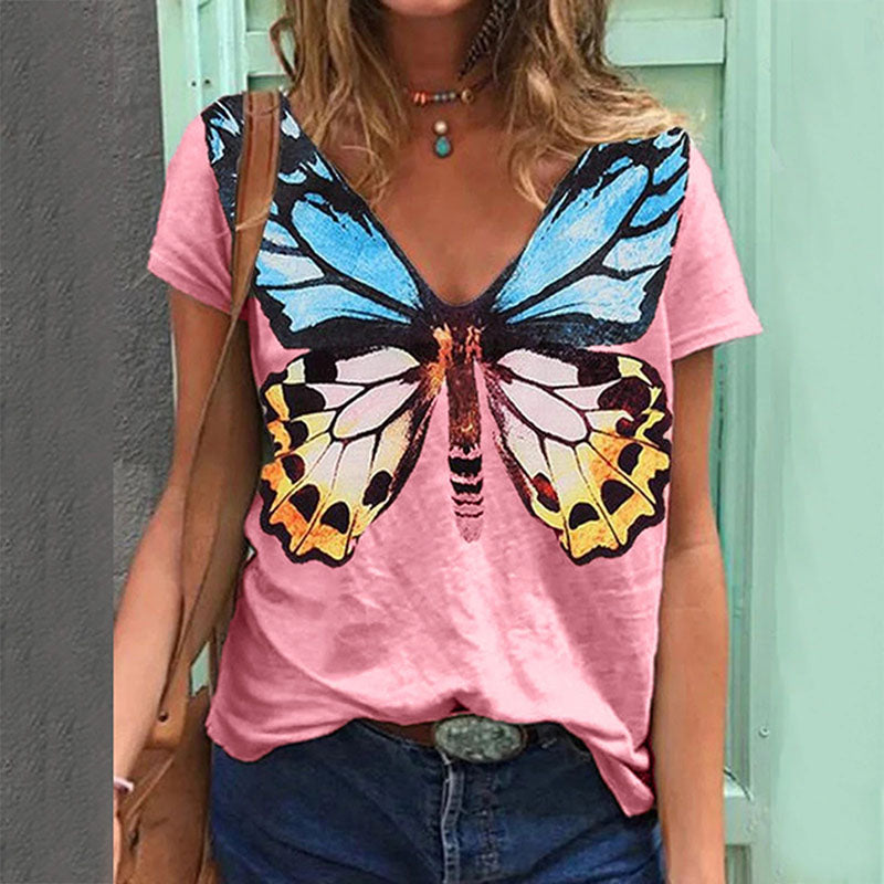 Butterfly Print Short Sleeve V-Neck T-Shirt - WOMONA.COM