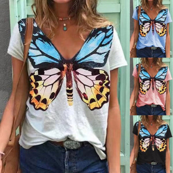 Butterfly Print Short Sleeve V-Neck T-Shirt - WOMONA.COM