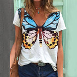 Butterfly Print Short Sleeve V-Neck T-Shirt - WOMONA.COM