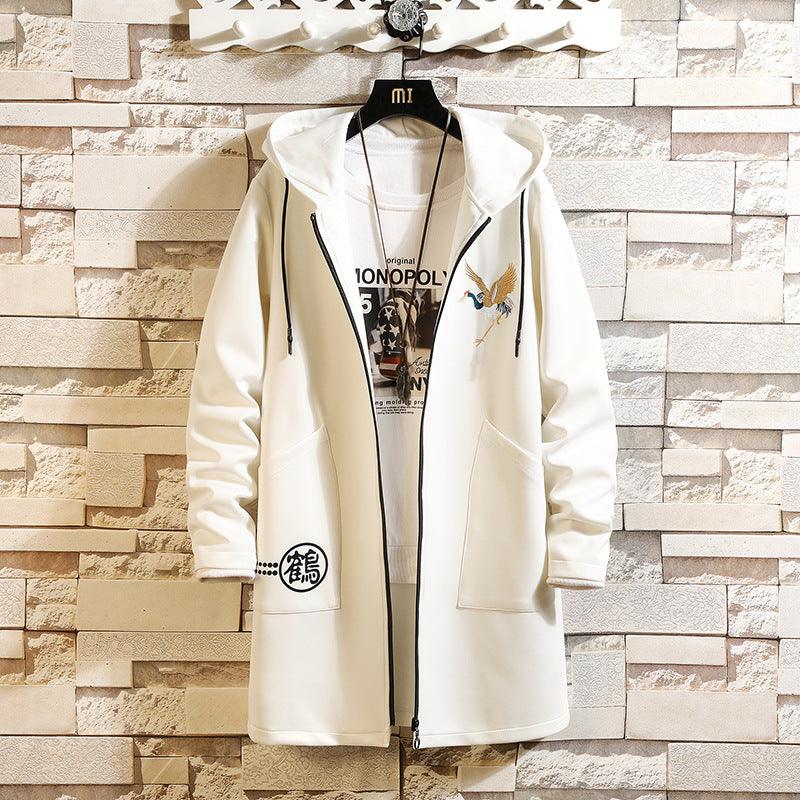 White hooded casual trench coat with crane embroidery, front zipper and side pockets