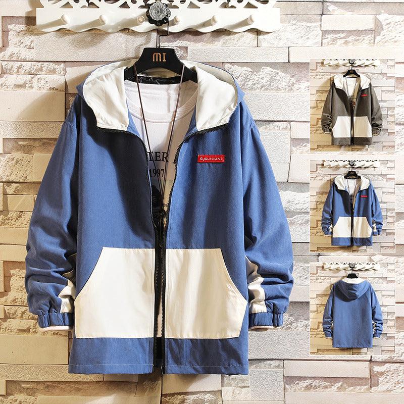 Men's baseball-style jacket, blue with white panels and black-trim hood, full zip