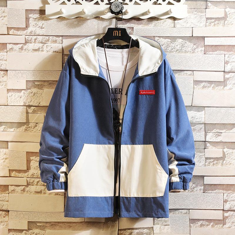 Men's baseball-style jacket, blue-white color block with black collar, full zip