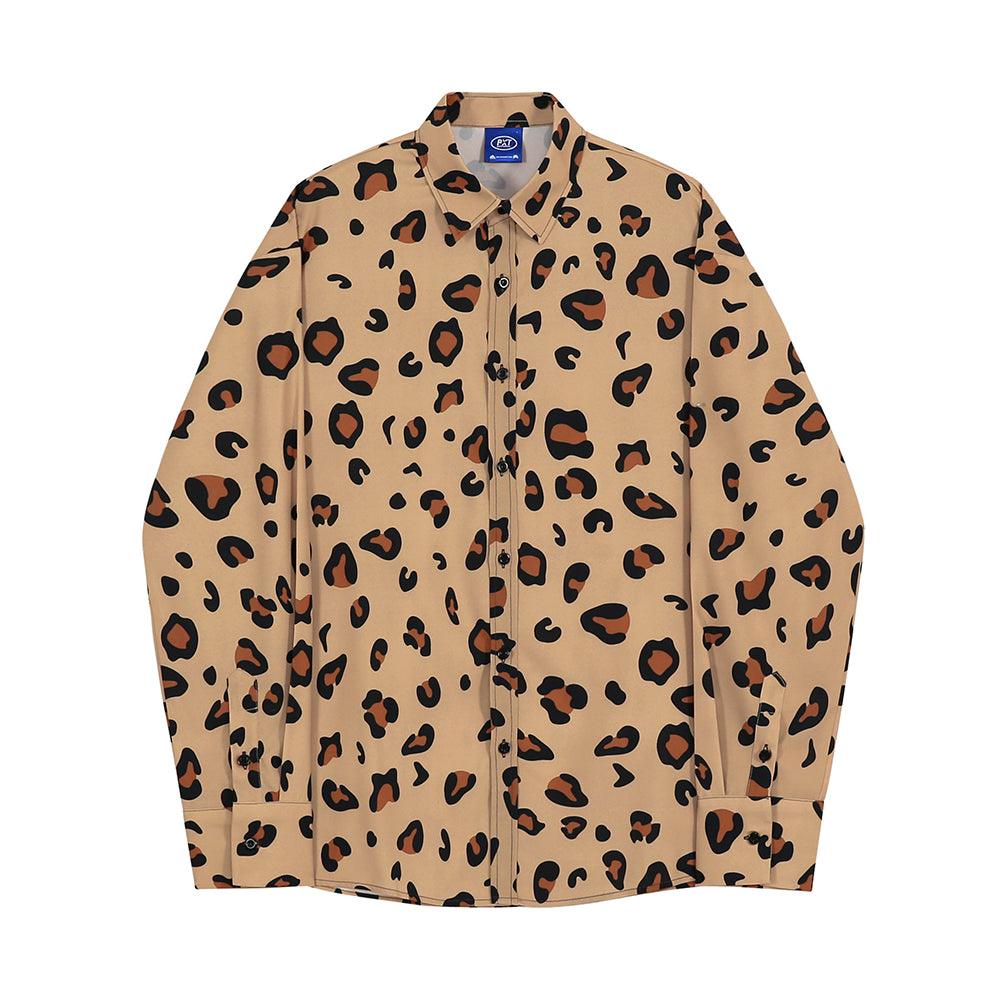 Leopard-print men's button-up shirt with long sleeves and collared front