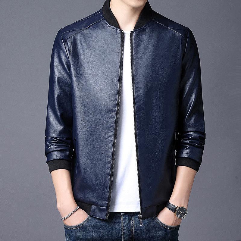 Navy leather stand-collar jacket with full front zipper and ribbed cuffs