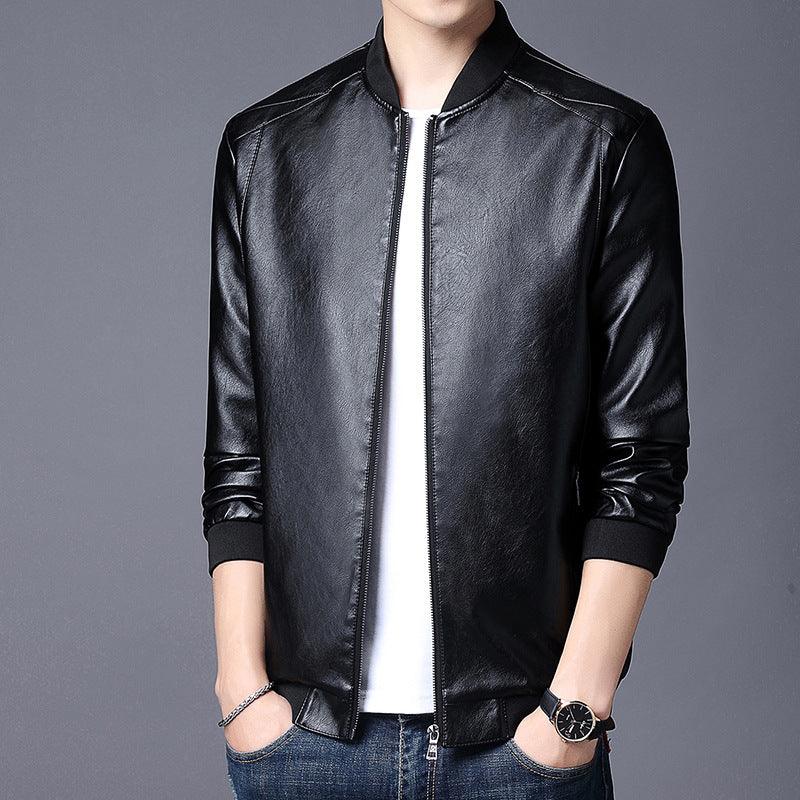 Black leather stand-collar jacket with full front zipper and ribbed cuffs