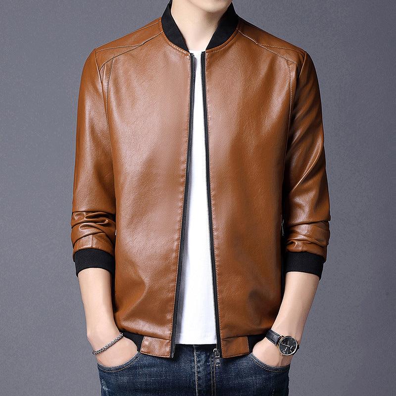 Brown leather stand-collar jacket with full front zipper and ribbed cuffs