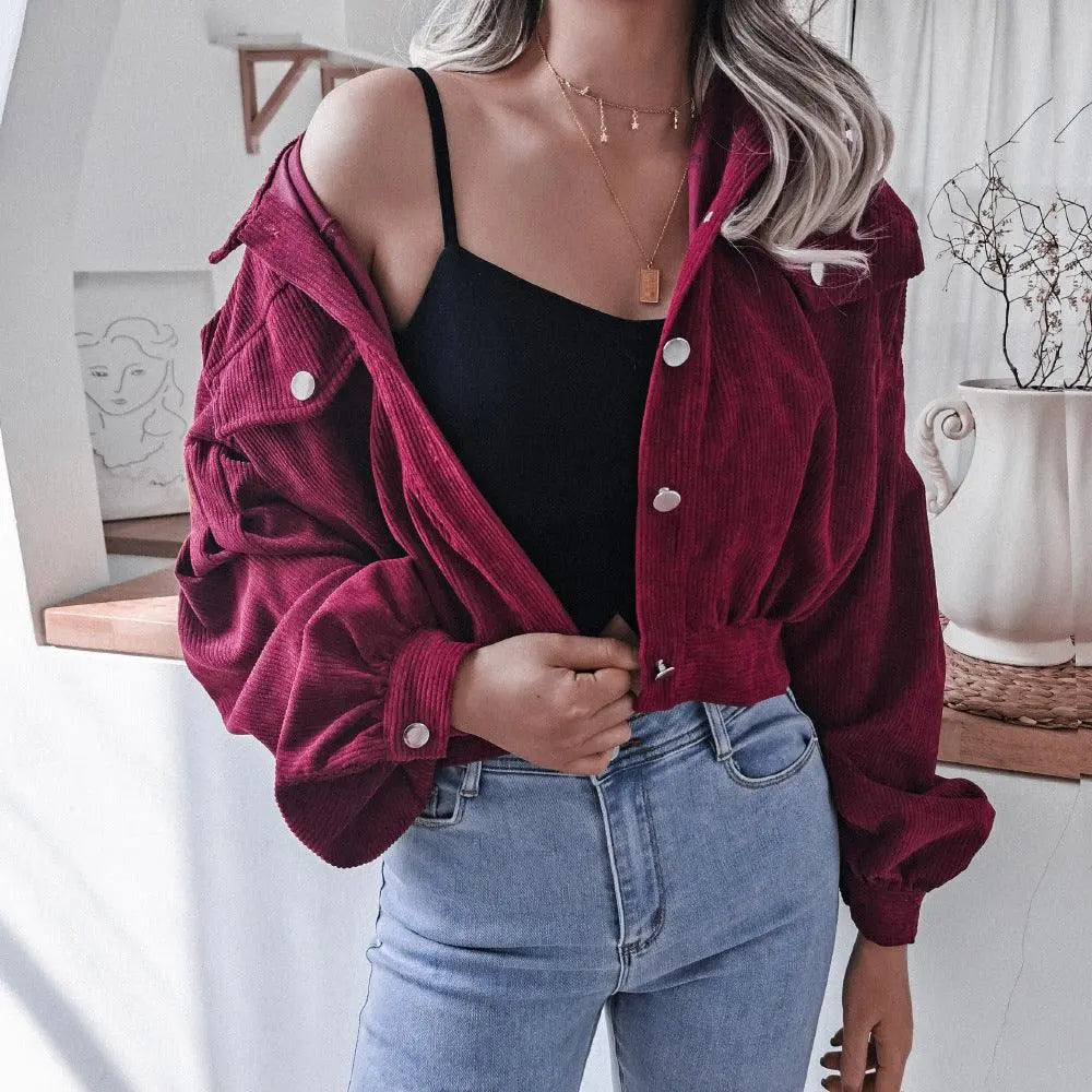 Burgundy corduroy short jacket with snap buttons and flap chest pockets