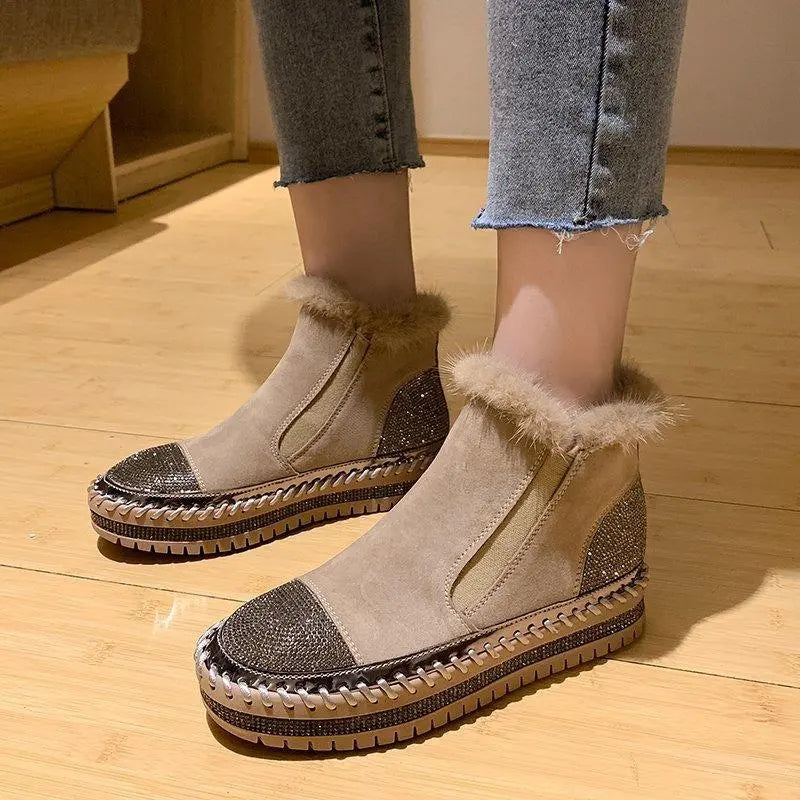 Khaki ankle snow boots with faux-fur trim and glittery toe/side panels